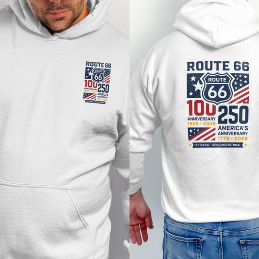 White hoodie with Route 66 anniversary logo featuring "100 250".