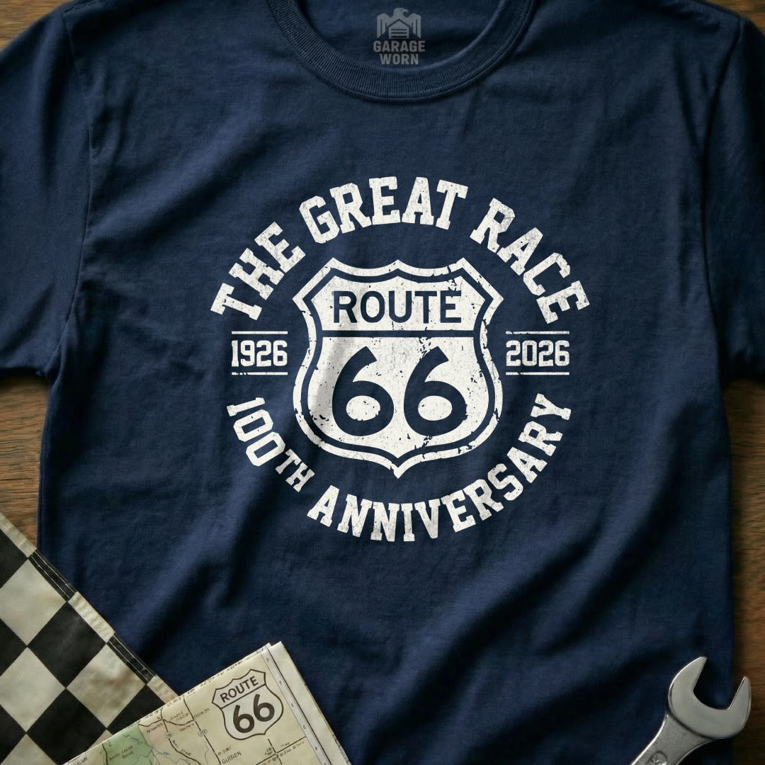 Navy t-shirt with "The Great Race Route 66 100th Anniversary" graphic.