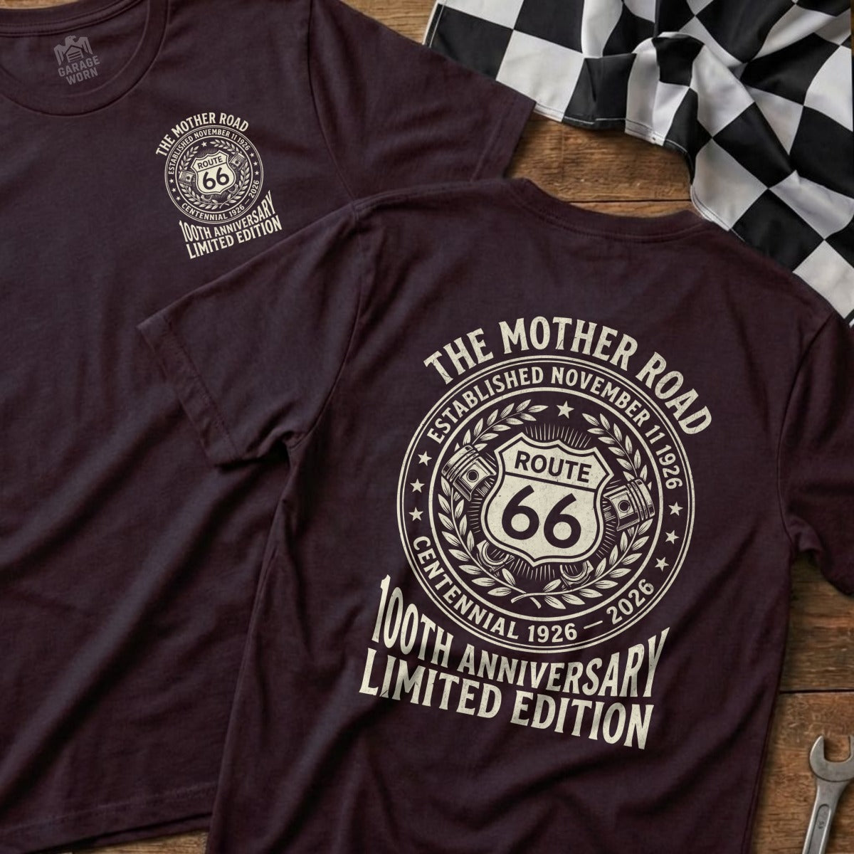 Maroon t-shirt with Route 66 centennial anniversary design.