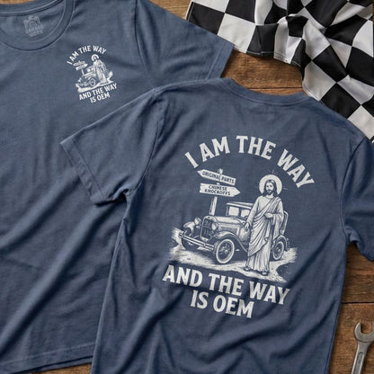 Jesus walks beside a vintage car, text reads "I am the Way and the Way is OEM".