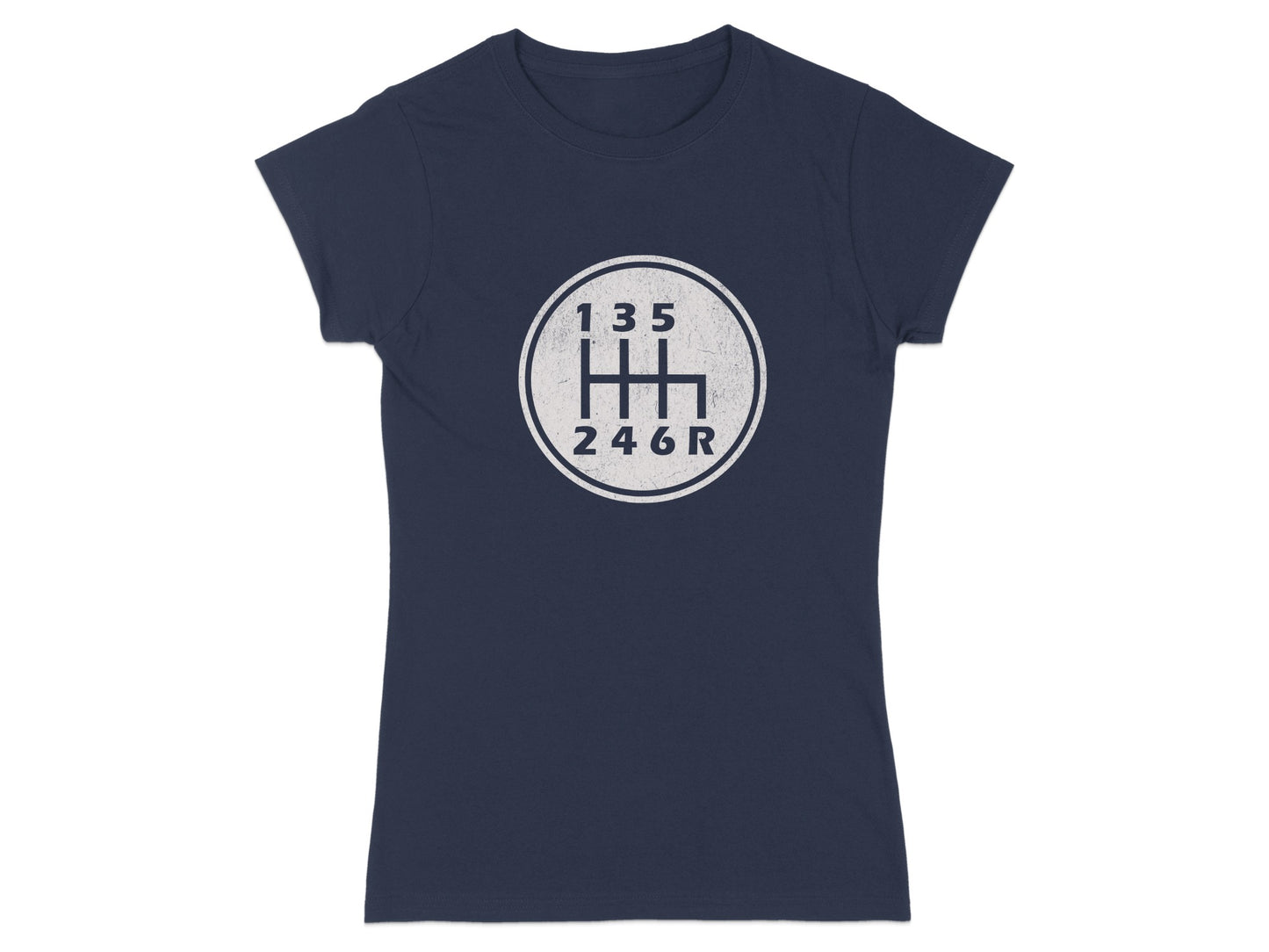 Dark blue t-shirt with a white manual transmission shift pattern graphic.