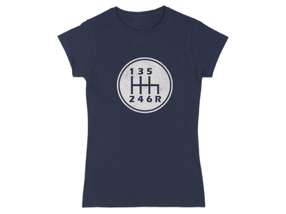 Dark blue t-shirt with a white manual transmission shift pattern graphic.