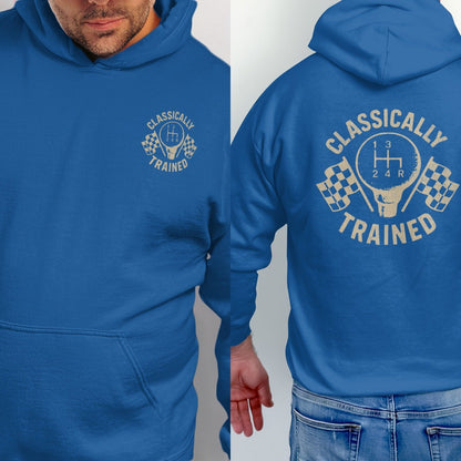 Blue hoodie with "Classically Trained" text and gear shift graphic.