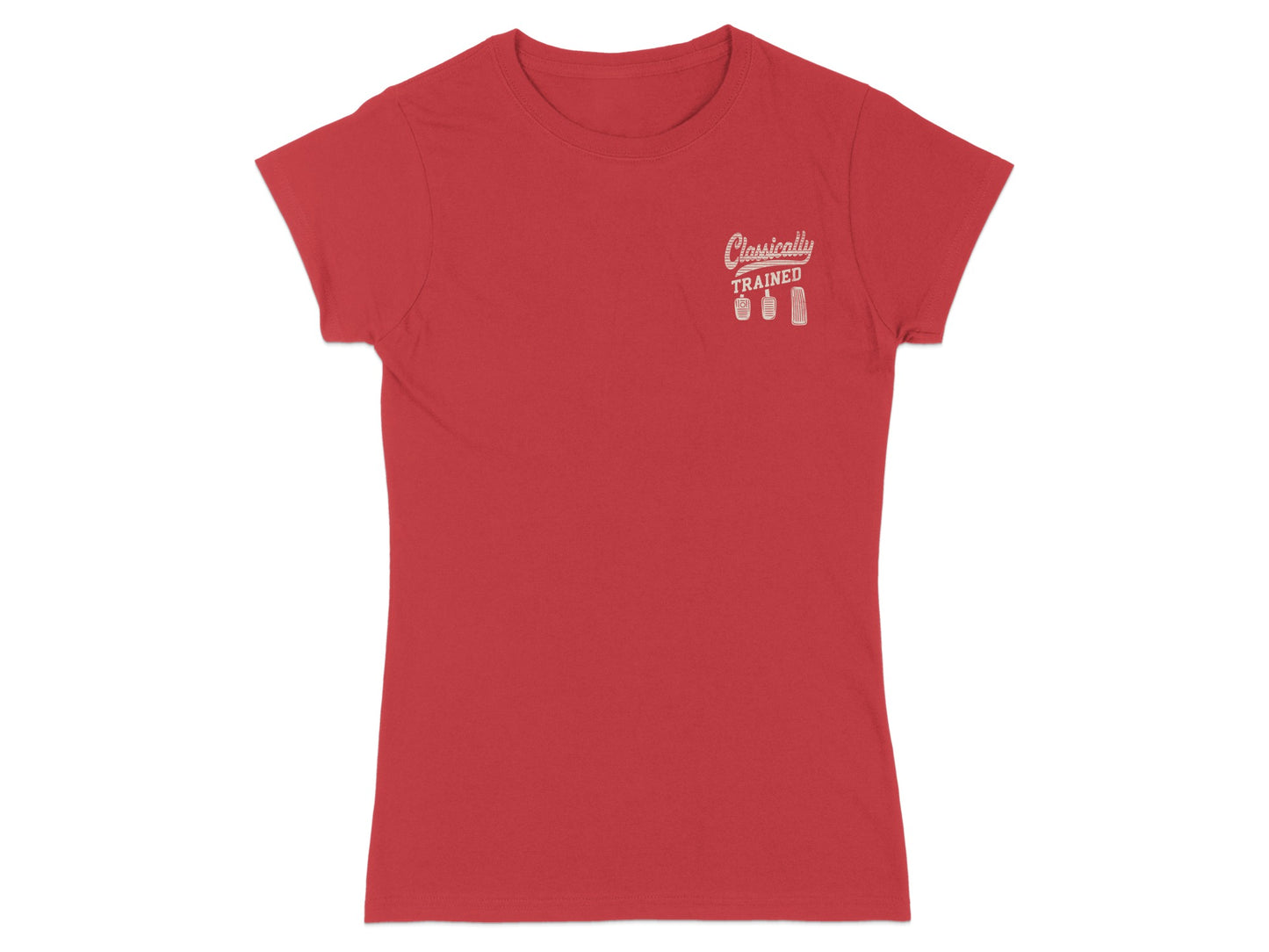 Red t-shirt with "Classically Trained" and pedal graphic on chest.
