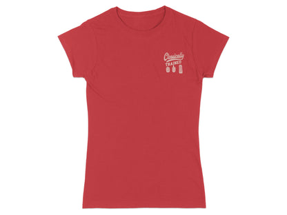 Red t-shirt with "Classically Trained" and pedal graphic on chest.