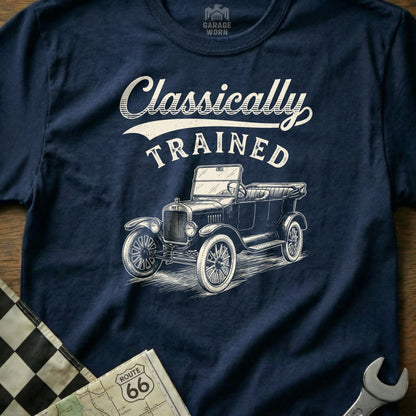 Navy t-shirt with "Classically TRAINED" text and vintage car graphic.