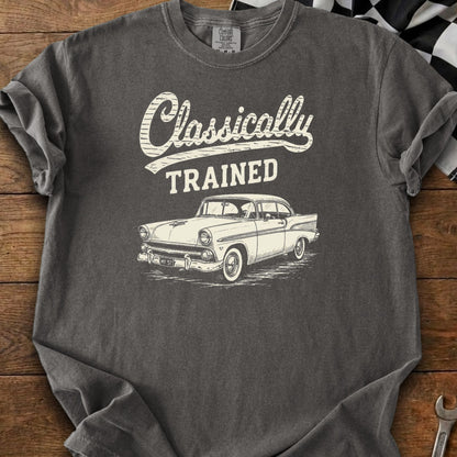 T-shirt with "Classically Trained" text and vintage car illustration.