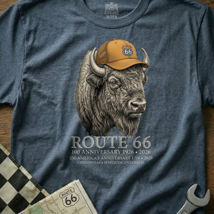 Bison wearing a Route 66 hat with text celebrating Route 66's 100th anniversary.