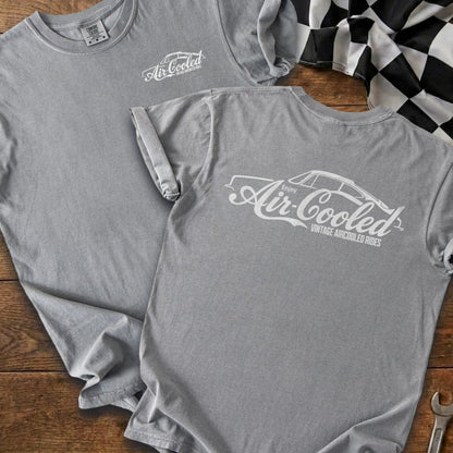 Two grey t-shirts featuring "Air-Cooled Vintage Aircooled Rides" graphic.