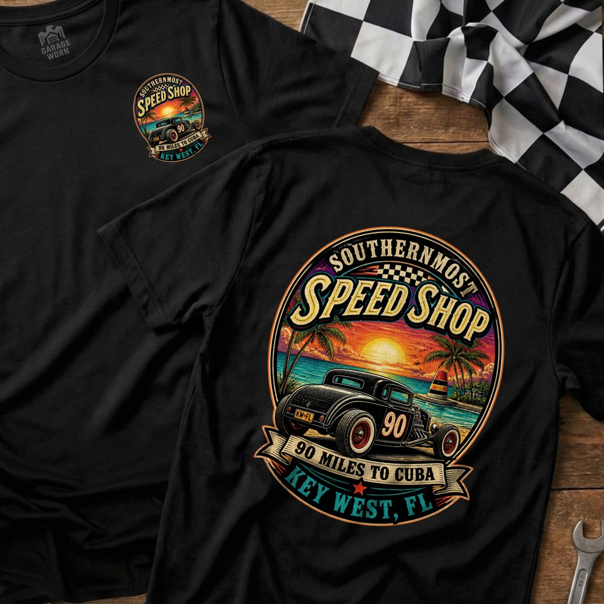 Black t-shirt with "Southernmost Speed Shop" graphic featuring a vintage car and Key West.