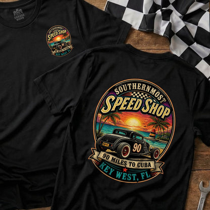 Black t-shirt with "Southernmost Speed Shop" graphic featuring a vintage car and Key West.