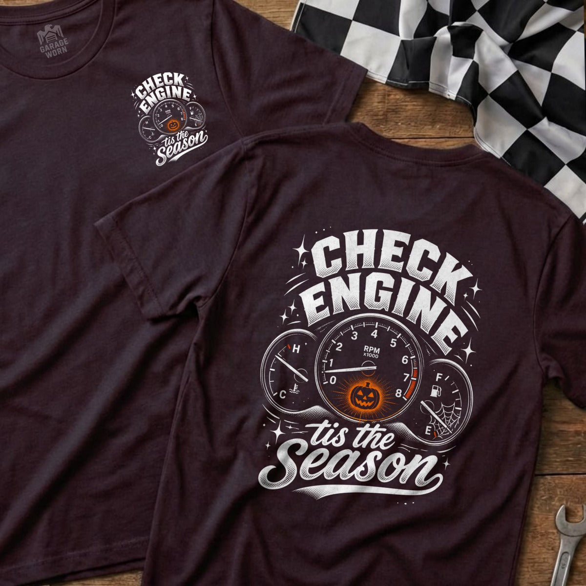 Maroon t-shirt with "Check Engine 'tis the Season" graphic featuring gauges and a pumpkin.