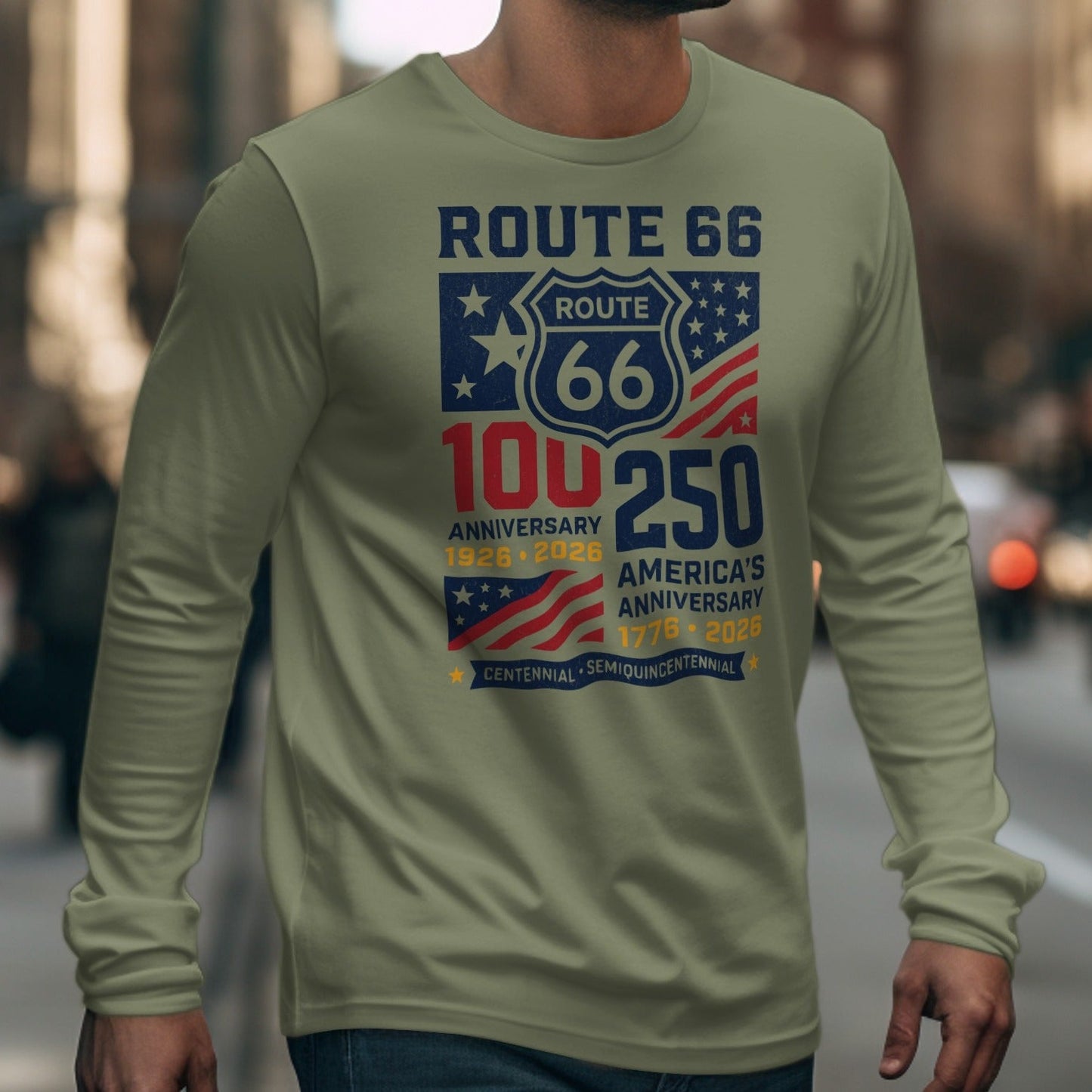 Long sleeve shirt with Route 66 100th and America's 250th anniversary graphics.