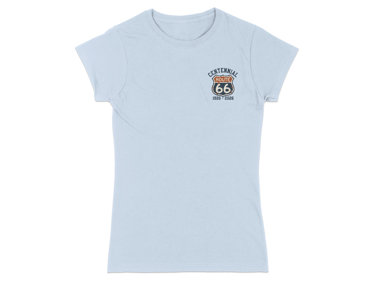 Light blue t-shirt with Route 66 Centennial 1926-2026 logo on chest.