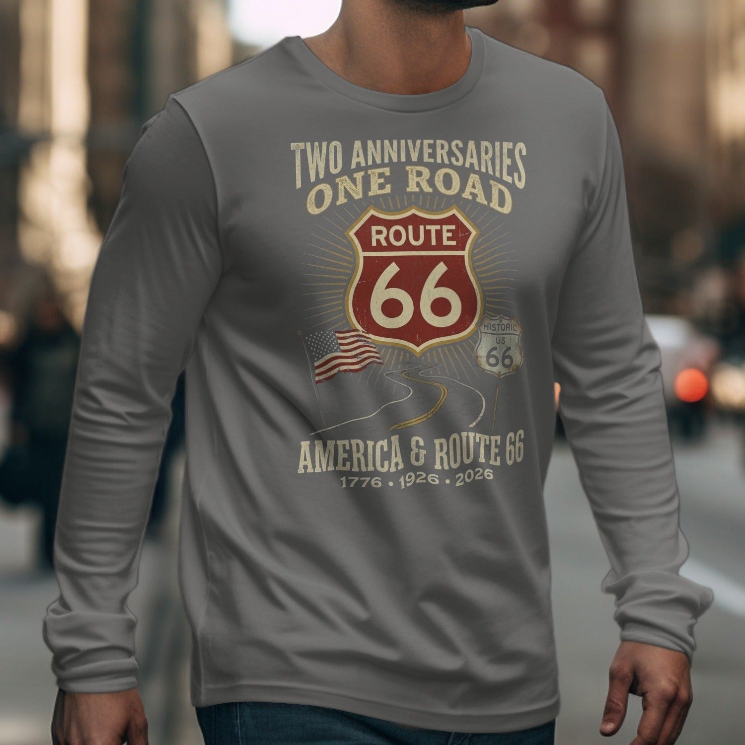 Grey long-sleeve shirt with Route 66 graphic featuring "Two Anniversaries One Road" and dates.