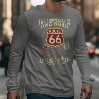 Grey long-sleeve shirt with Route 66 graphic featuring "Two Anniversaries One Road" and dates.