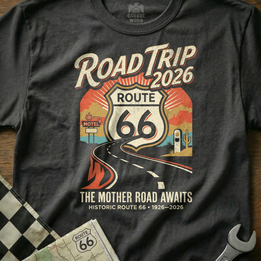 Road Trip 2026 Route 66 graphic on dark t-shirt, "The Mother Road Awaits".