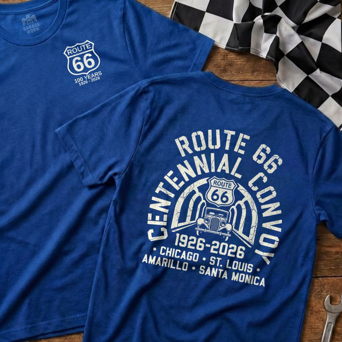 Blue t-shirts with Route 66 Centennial Convoy 100 Years 1926-2026 graphics.