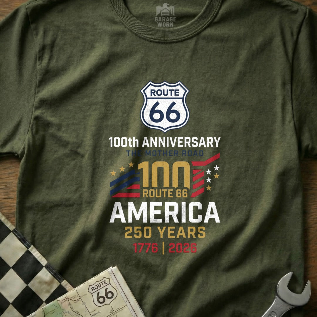 Olive t-shirt with Route 66 100th Anniversary and 250 Years America text.