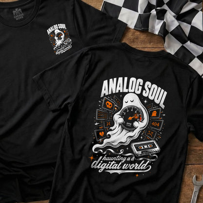 Black t-shirt with "Analog Soul" text, ghost, speedometer, and retro digital icons.
