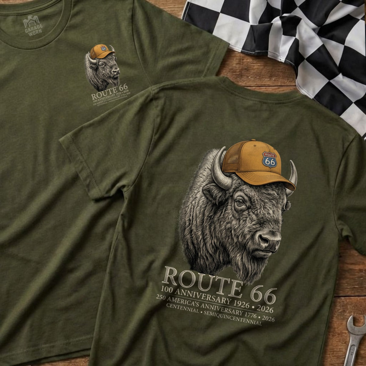 Olive green t-shirt with bison wearing Route 66 hat and text.