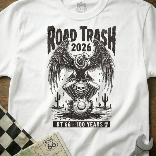 T-shirt graphic: eagle on motorcycle engine, "ROAD TRASH 2026" and "RT 66 - 100 YEARS".