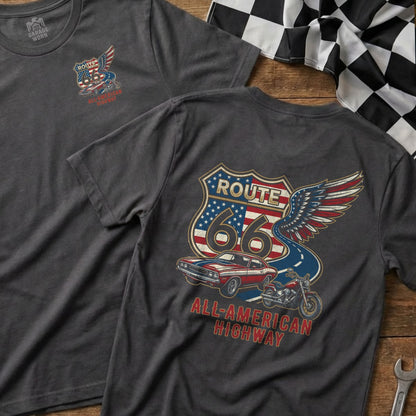 T-shirt with Route 66 emblem, vintage car, and motorcycle.