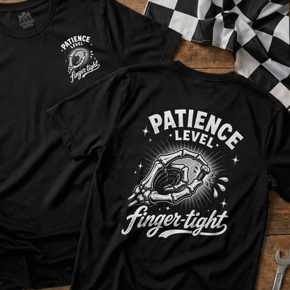 Black t-shirt with skeleton hand tightening a bolt, text reads "Patience Level: Finger-tight."