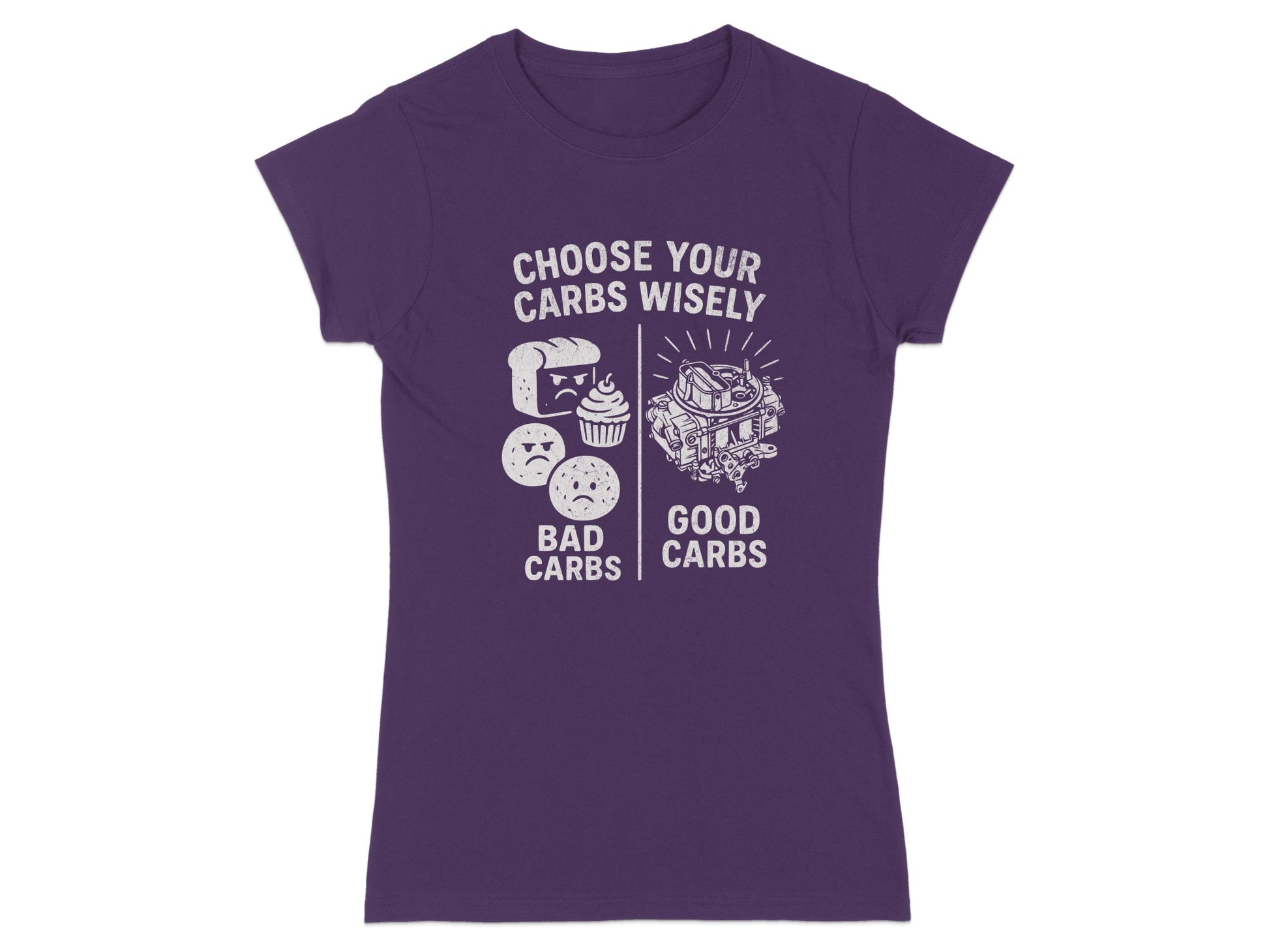 Women's purple t-shirt with "Choose Your Carbs Wisely" text and cartoon carburetor.