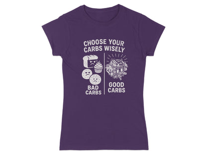 Women's purple t-shirt with "Choose Your Carbs Wisely" text and cartoon carburetor.