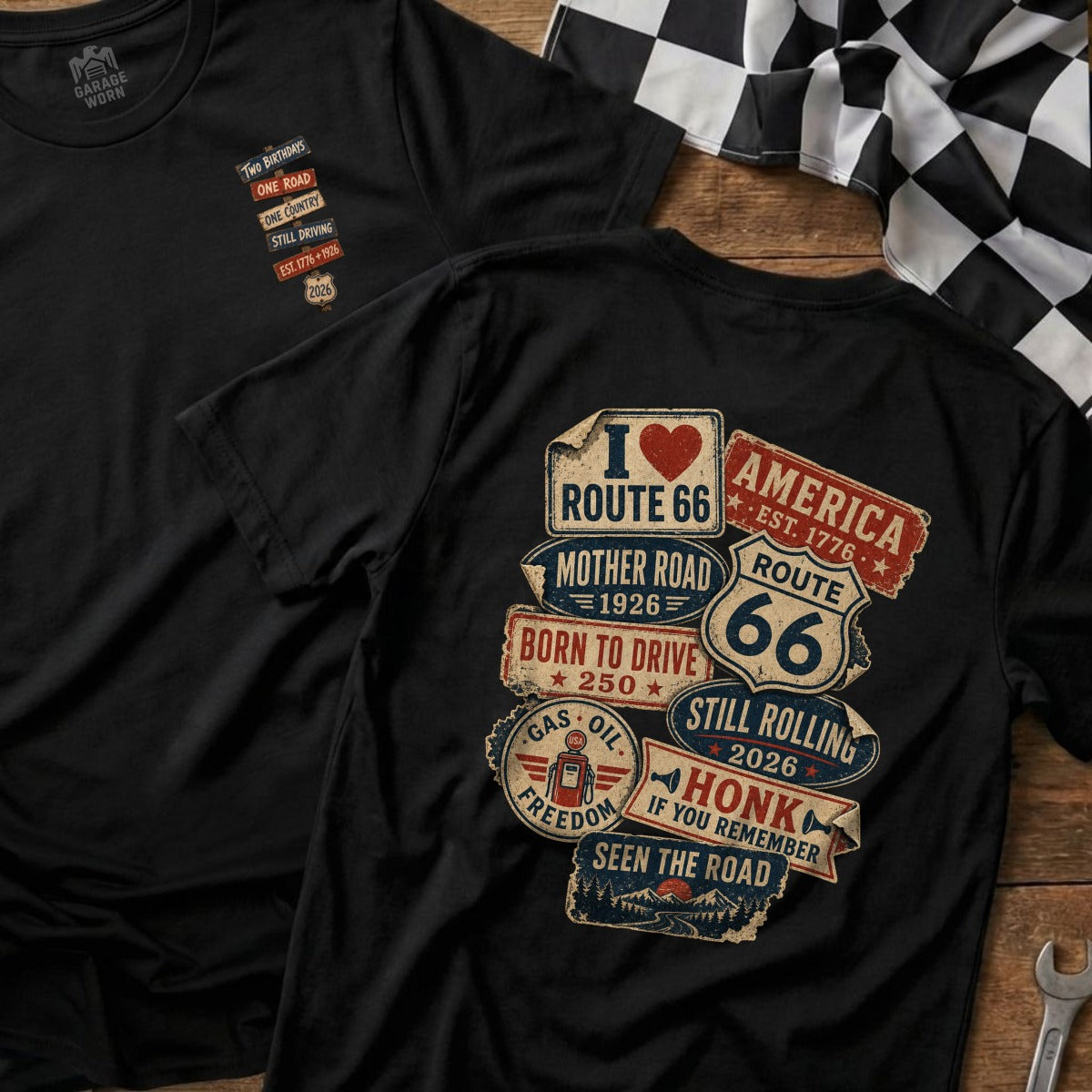 Black t-shirts featuring Route 66 designs with "Still Rolling" and "Honk If You Remember."