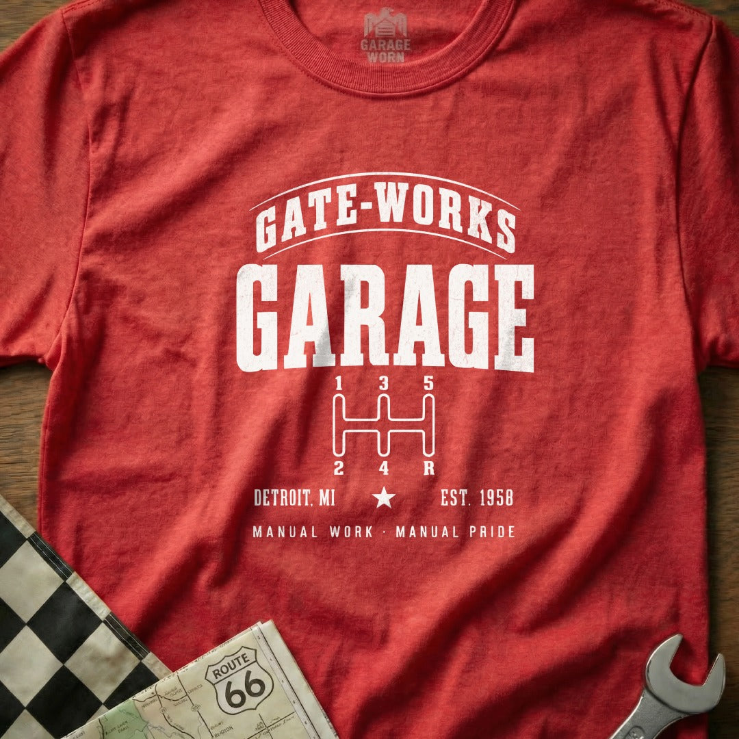 Red t-shirt with "Gate-Works Garage" and gear shift graphic.