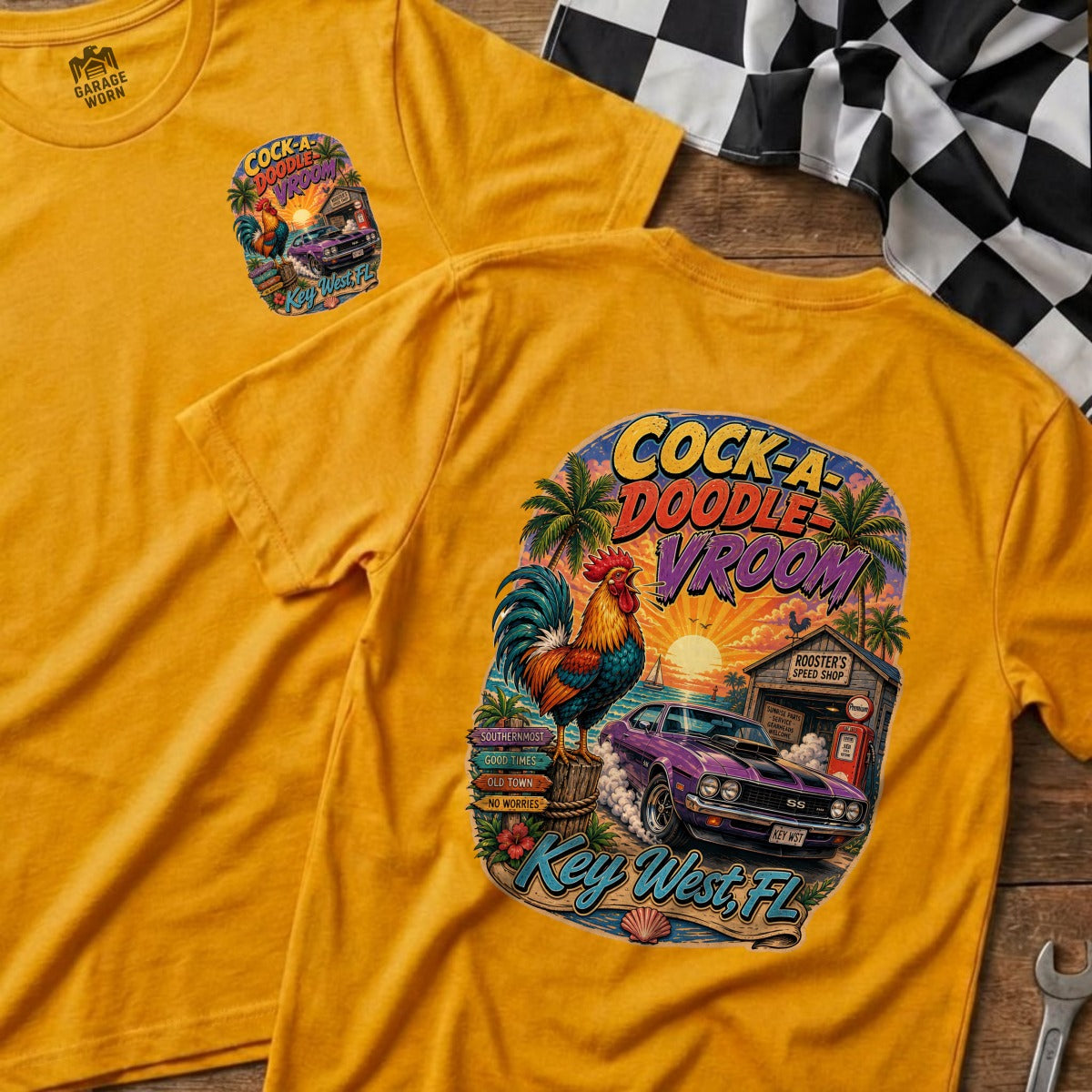 Yellow t-shirt with "Cock-a-Doodle Vroom" graphic of a rooster and purple muscle car.
