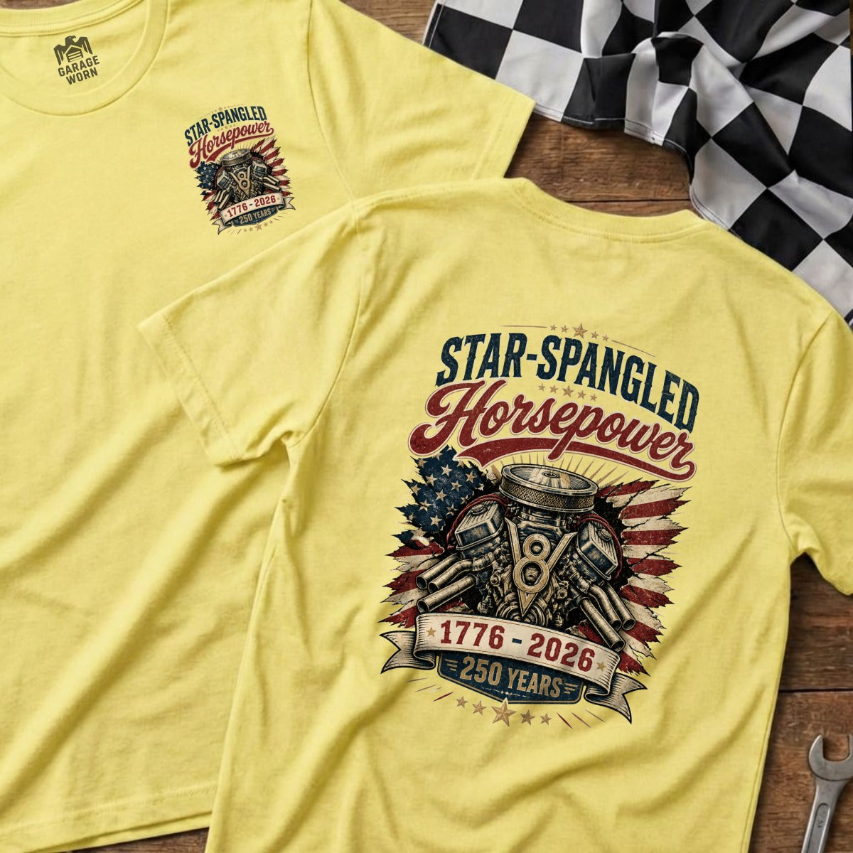 Yellow t-shirt with "Star-Spangled Horsepower" graphic and V-engine.