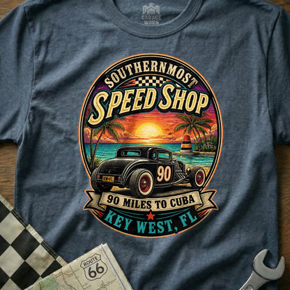 Southernmost Speed Shop, hot rod, beach, sunset, Key West, FL text.