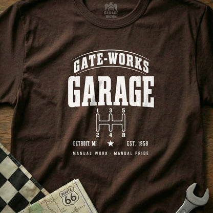 Brown t-shirt with "Gate-Works Garage" and a manual transmission graphic.