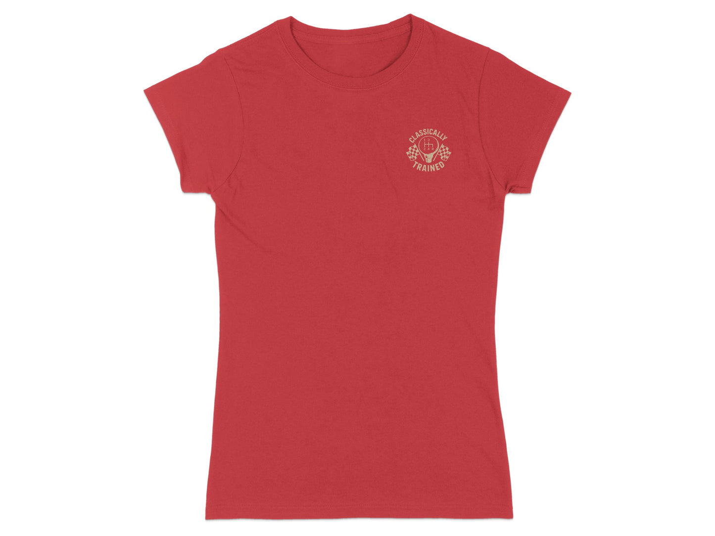 Red t-shirt with "Classically Trained" text and a checkered flag logo.