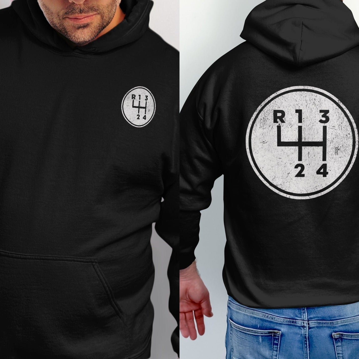 Black hoodie with a circular graphic of a manual car gear shift pattern.