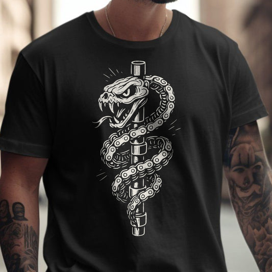Fierce serpent graphic on black t-shirt product type