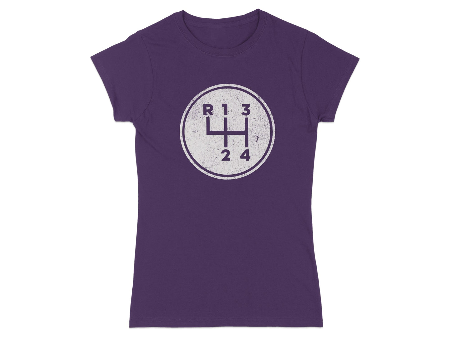 Purple t-shirt with white distressed manual gear shift pattern graphic.