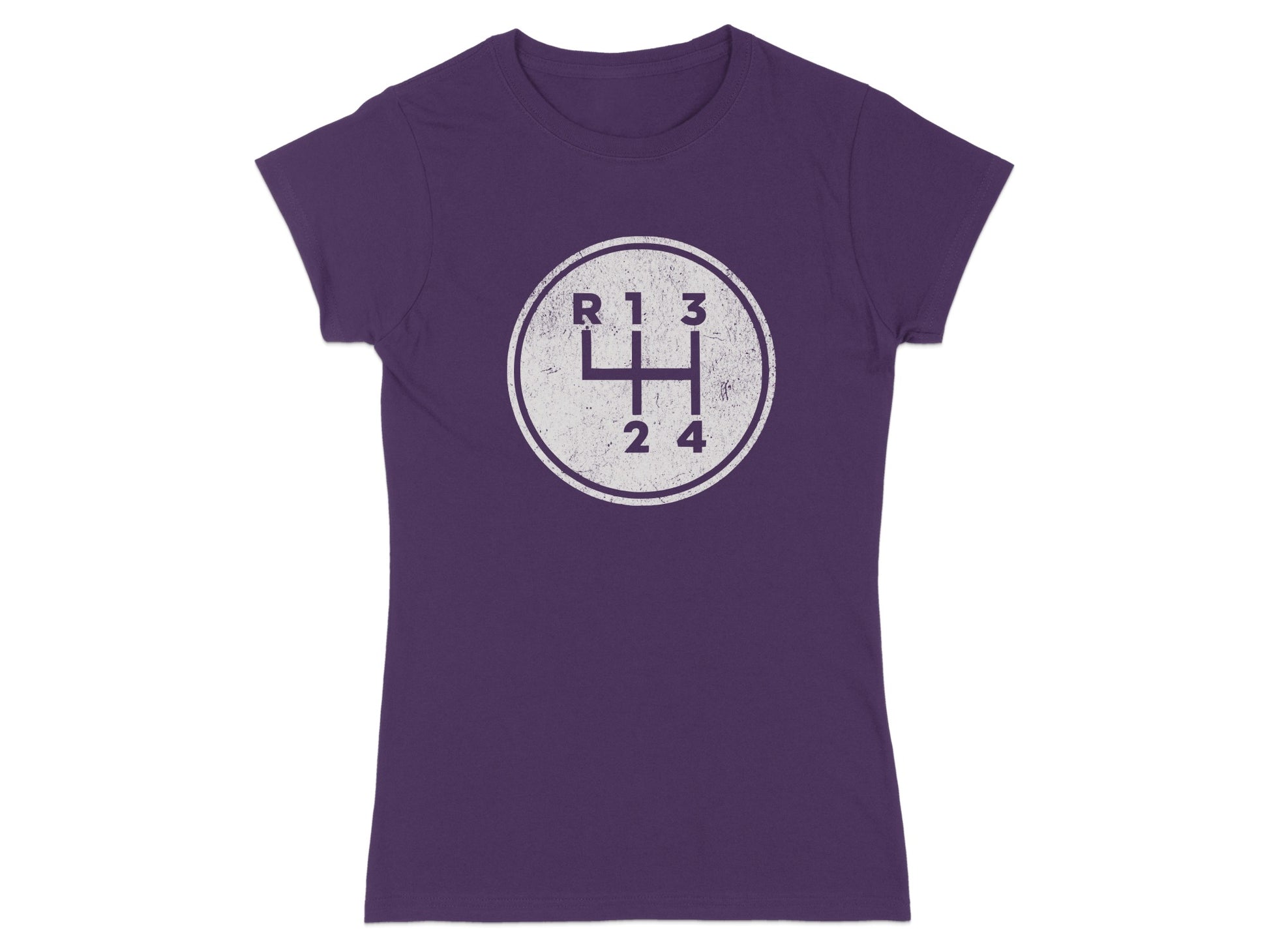 Purple t-shirt with white distressed manual gear shift pattern graphic.