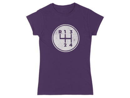 Purple t-shirt with white distressed manual gear shift pattern graphic.