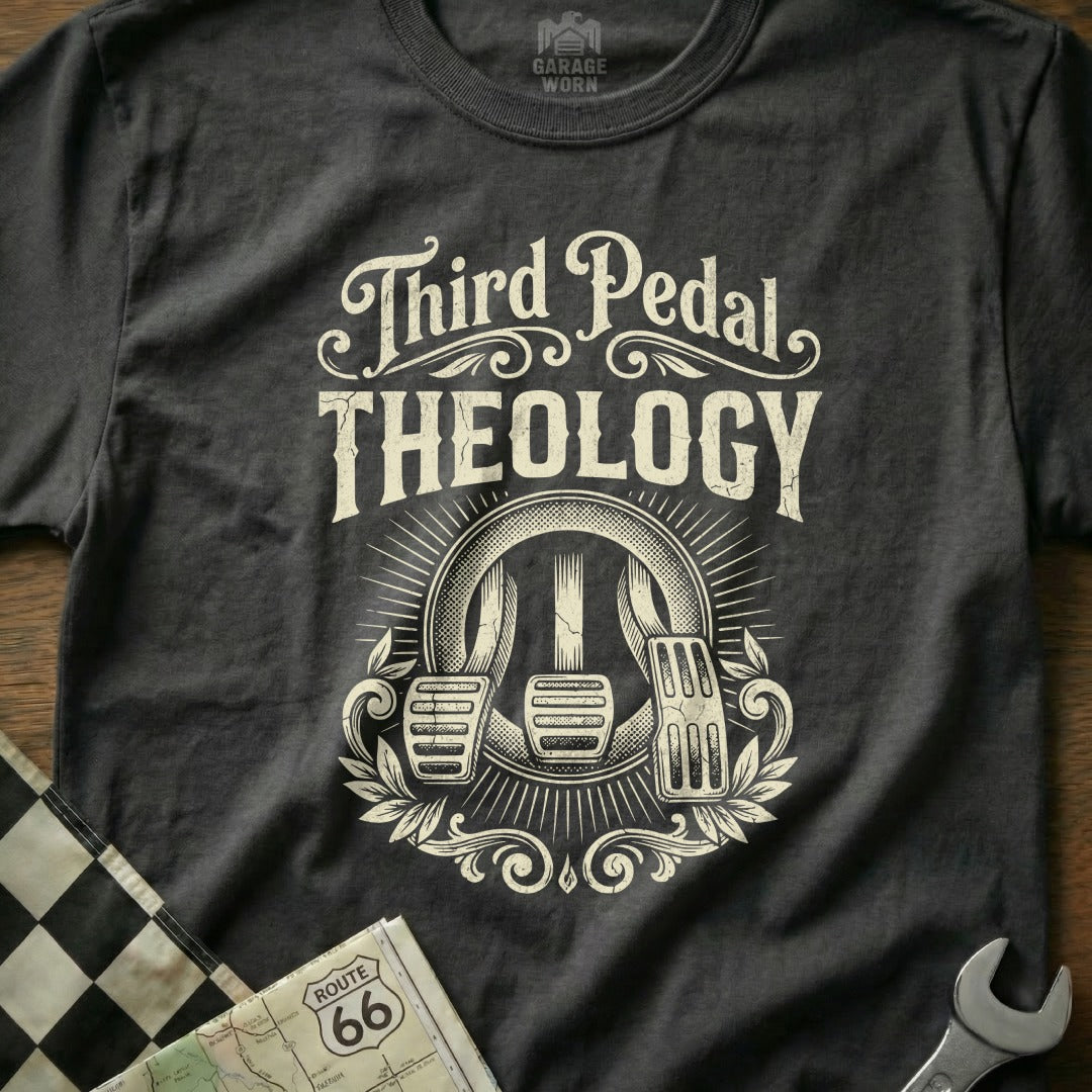Dark t-shirt with white "Third Pedal Theology" text and illustration of car pedals.