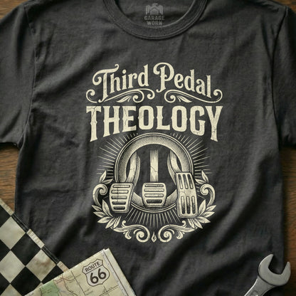 Dark t-shirt with white "Third Pedal Theology" text and illustration of car pedals.