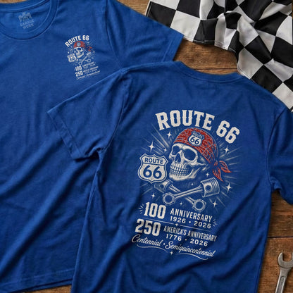 Route 66 t-shirt with skull graphic, pistons, and anniversary dates.
