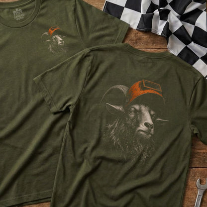 Green t-shirt with illustration of ram wearing welding mask, chest logo visible.