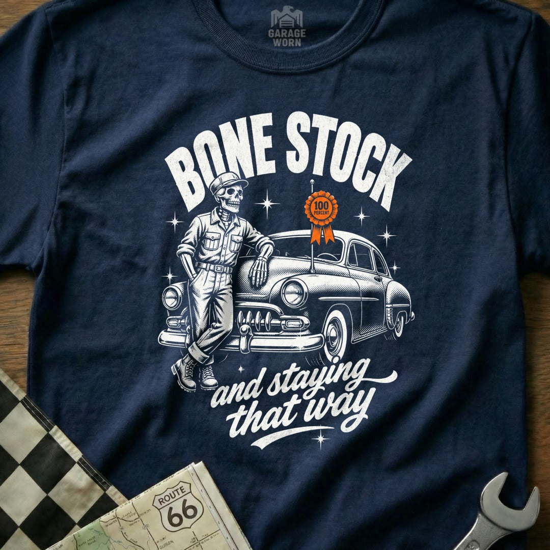 Skeleton leaning on a classic car with "Bone Stock" and "and staying that way" text.