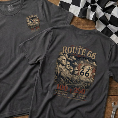 Dark grey t-shirt featuring Route 66 graphic with Mount Rushmore and anniversary dates.