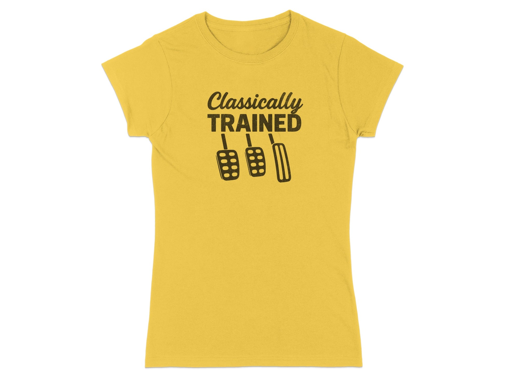 Yellow t-shirt with "Classically Trained" and three pedal graphics.