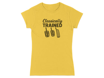 Yellow t-shirt with "Classically Trained" and three pedal graphics.